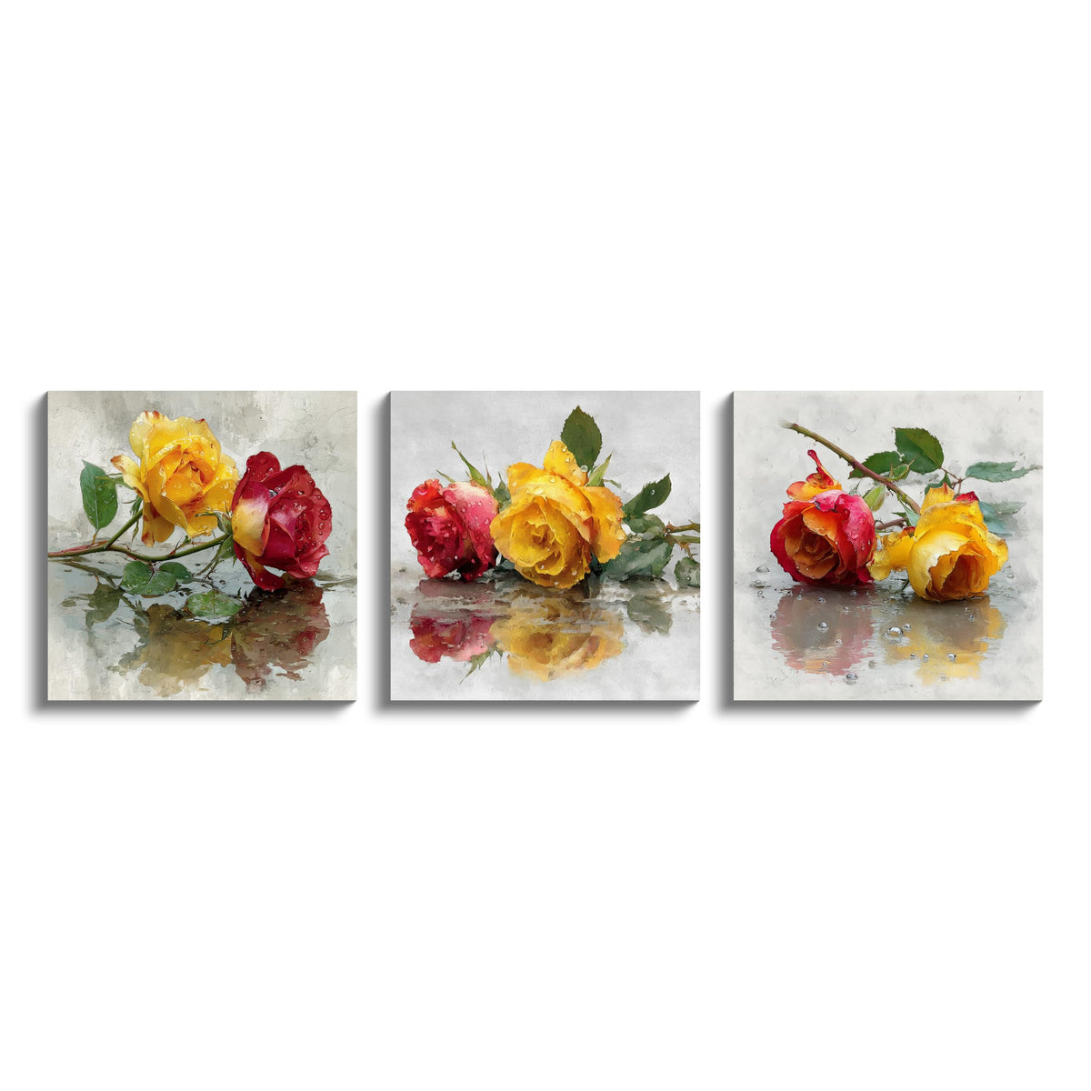 3Pcs Watercolor Rose Canvas Wall Art Yellow and Red Flowers Botanical Floral Painting with Dew Drops Romantic Nature Artwork Elegant Home Decor for Living Room Bedroom Dining Room Office (12 x 12 inches (3-Piece Set) / Yellow & Red Rose)