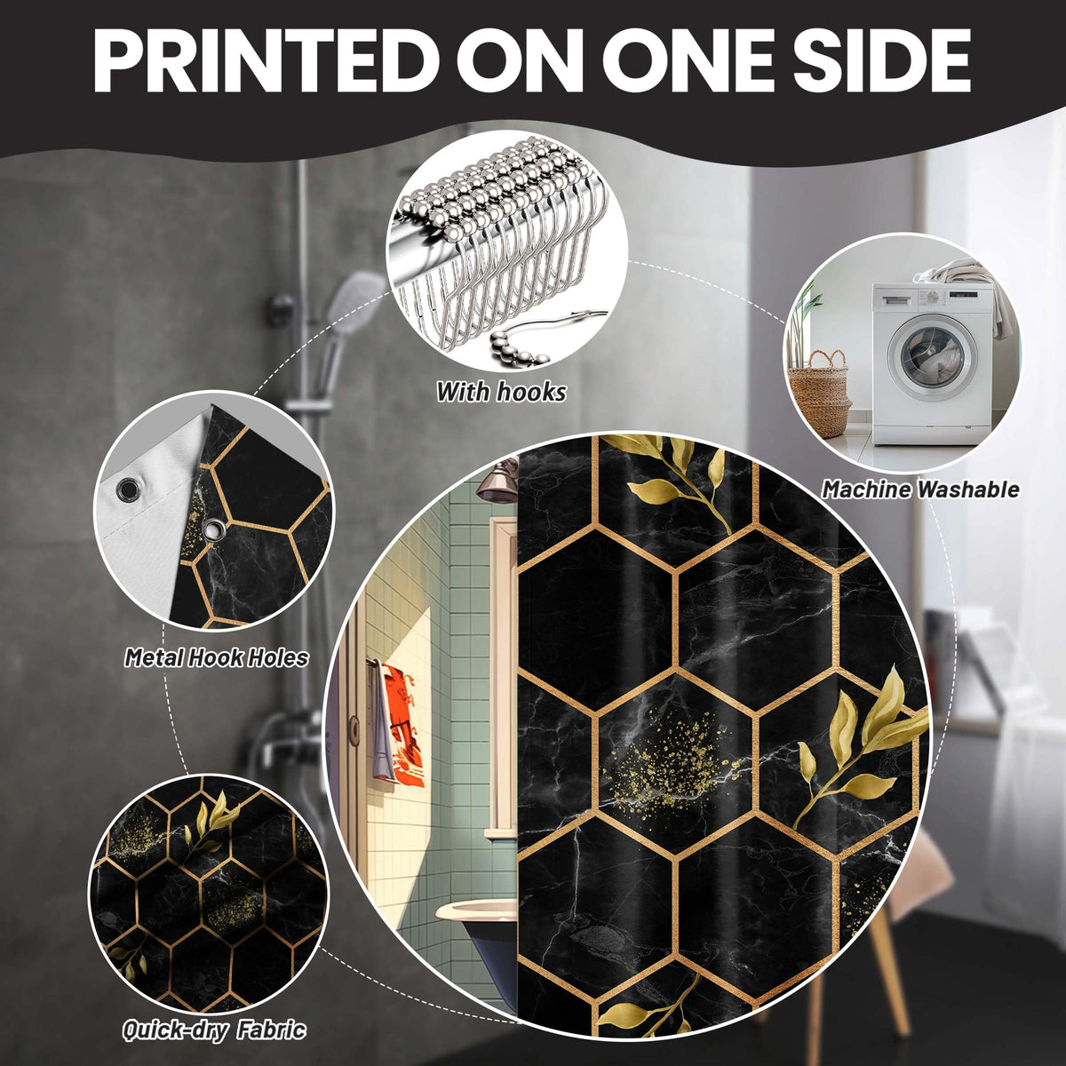 Black and Gold Shower Curtain Modern Geometric Abstract Mens Shower Curtains for Bathroom Decor Sets (Black Gold / 36"W x 72"L (Pack of 1))