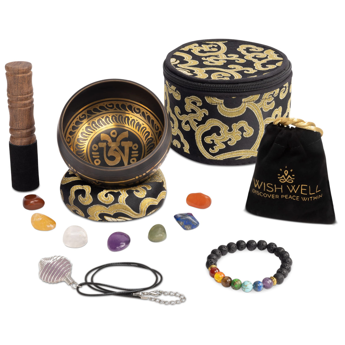 4" Tibetan Singing Bowl Set with 7 Chakra Stones & Bracelet (Black Set with Case + Chakra Stones + Bracelet)