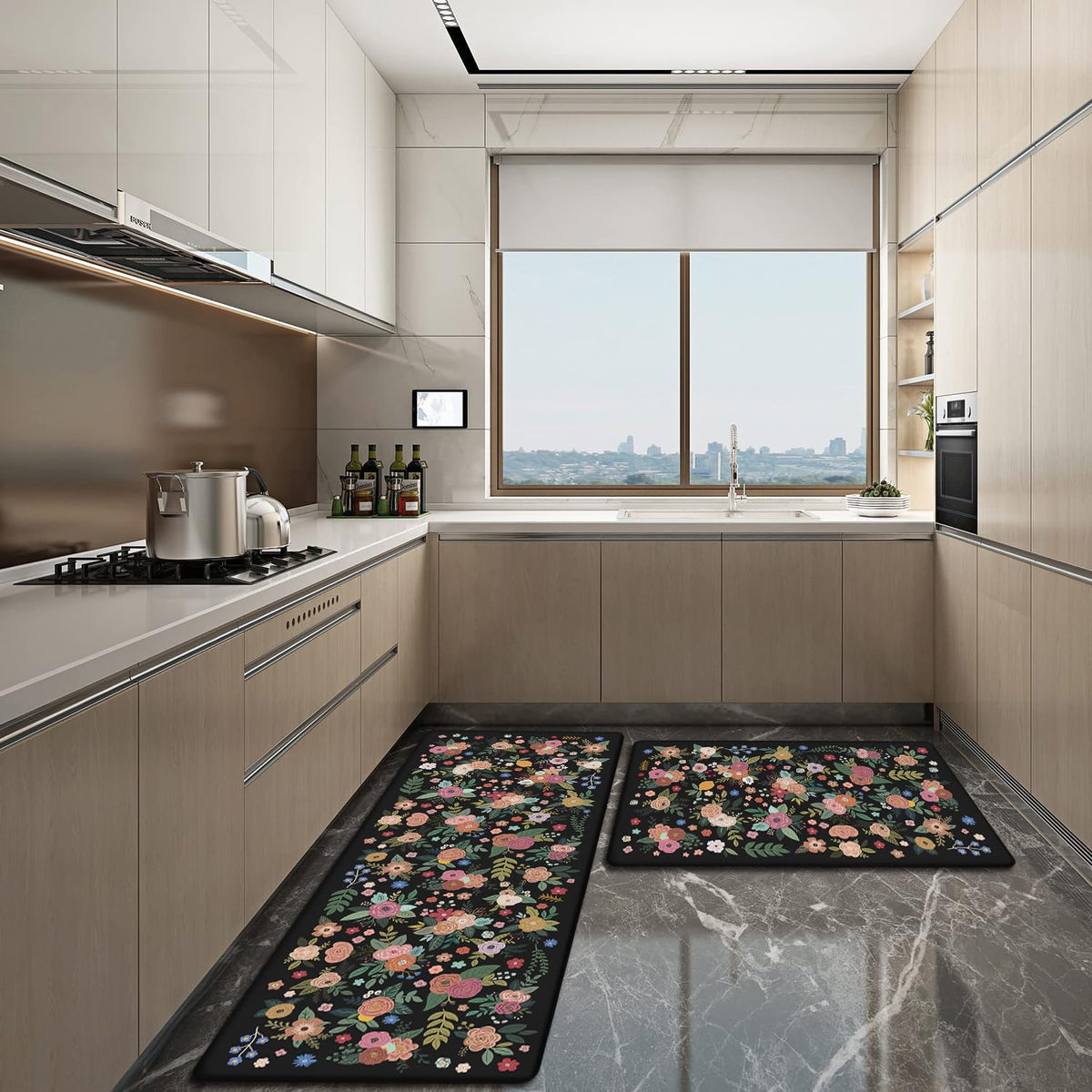 Anti Fatigue Boho Kitchen Rugs Set of 2 (Floral-black)
