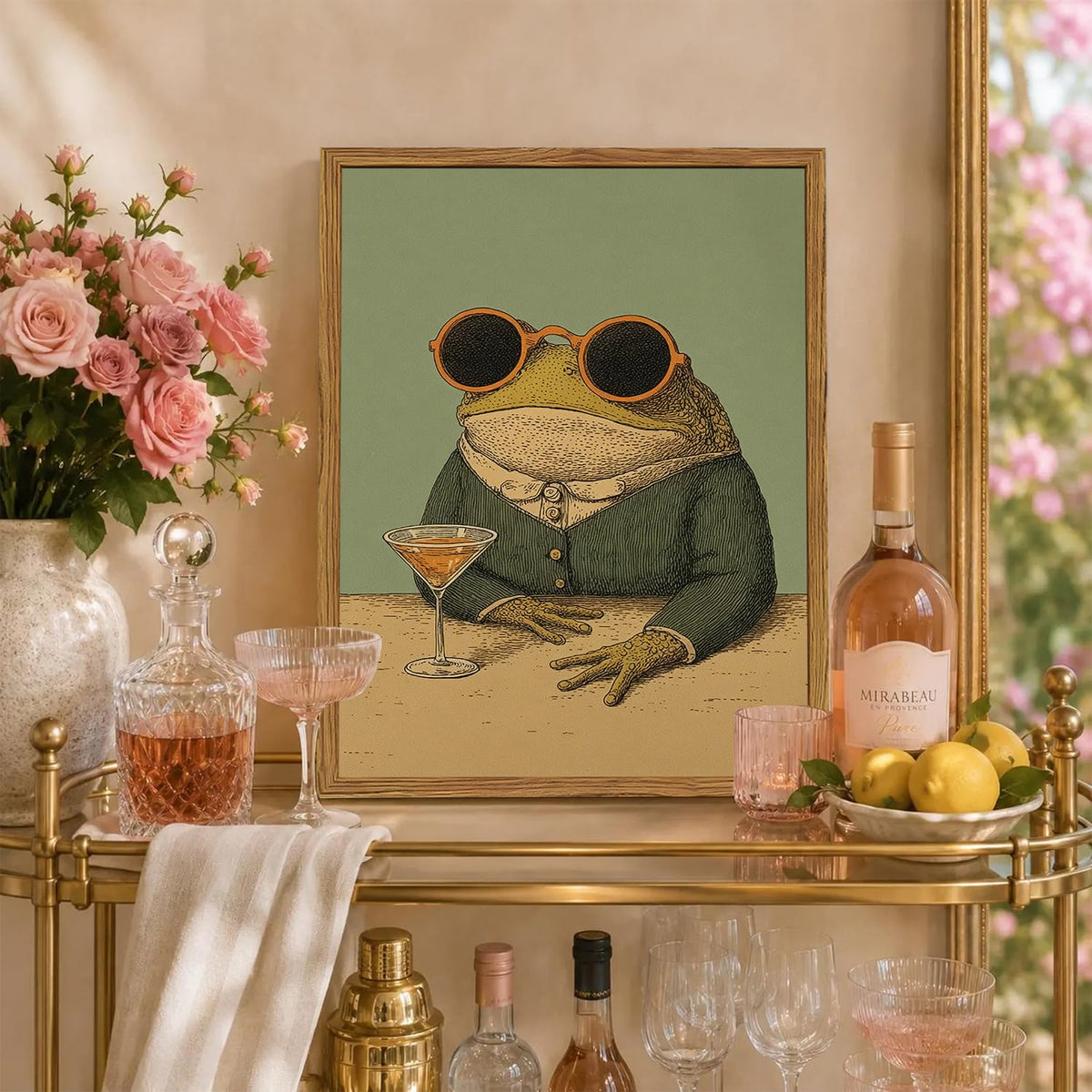 Framed Funny Frog Wall Art (Whimsical frog / 24"L x 16"W)
