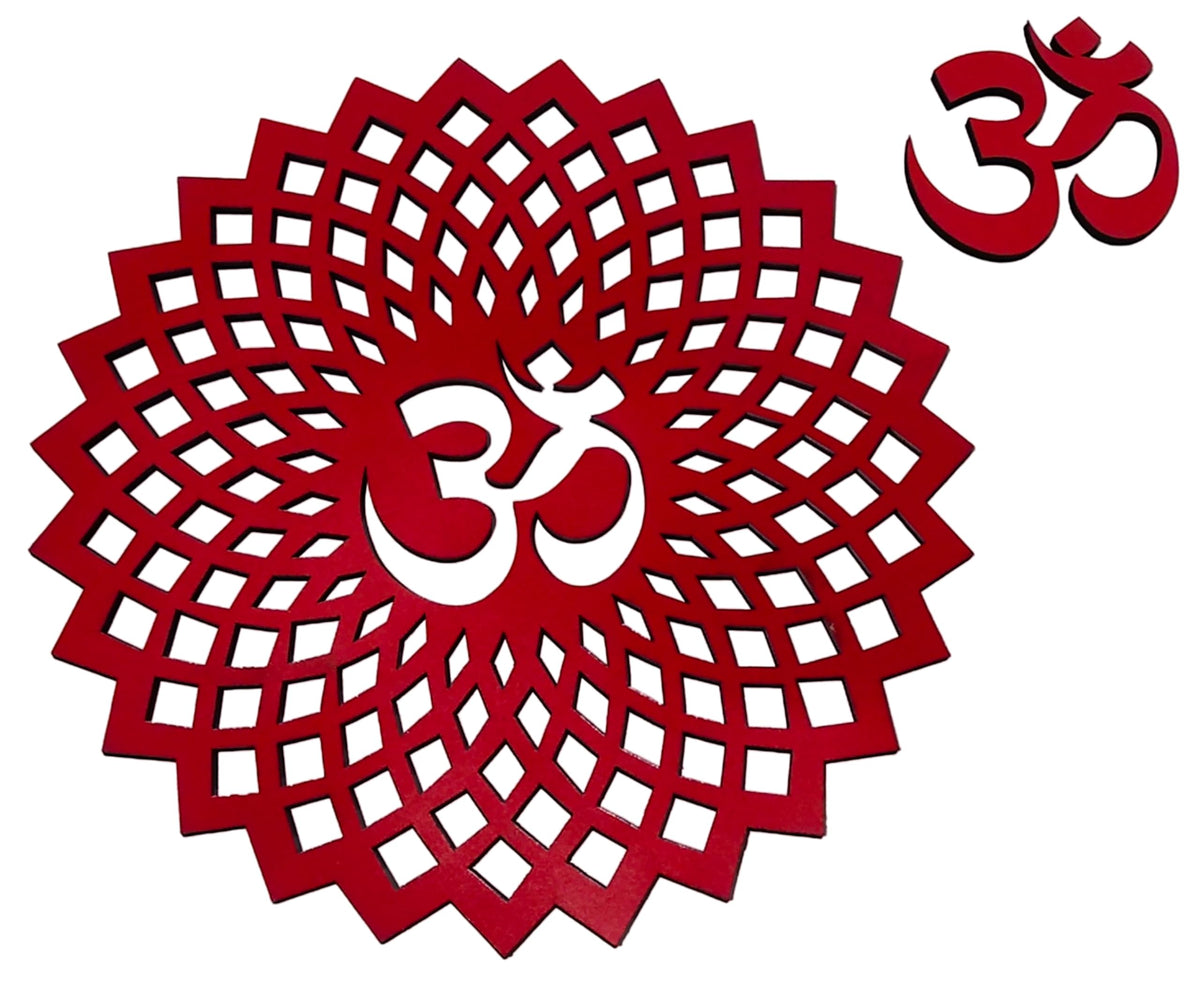 Red Om Round Decorative Wall Art Mdf Wooden Om Chakra For Temple (GEOMETRY OM-Red / 18"L x 18"W)
