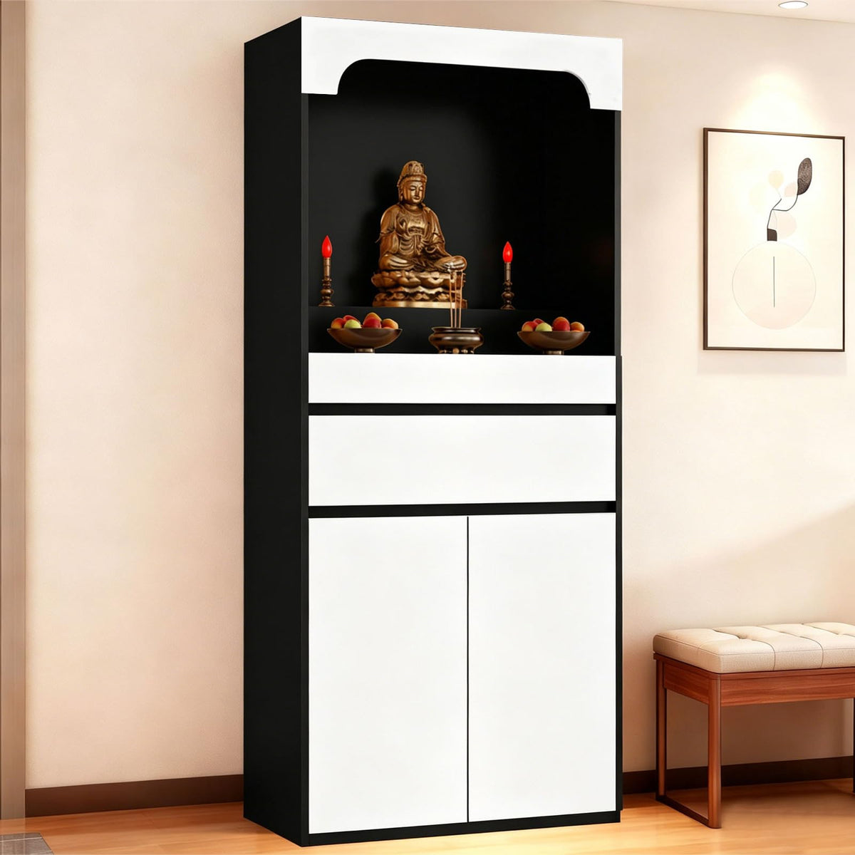 Altar Table Pooja Cabinet with Drawers and Storage Cabinets (35.4×15.7×65.4in / Black + White)