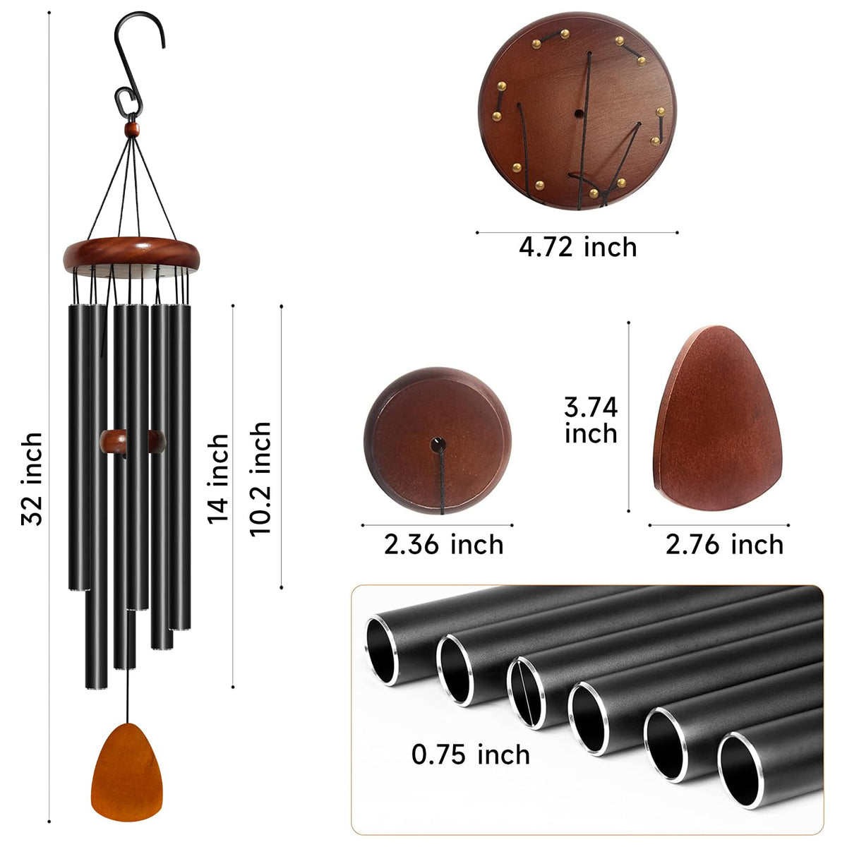 32" Aluminum Wind Chimes for Outside (Black / Classic 32" Deep Tone)