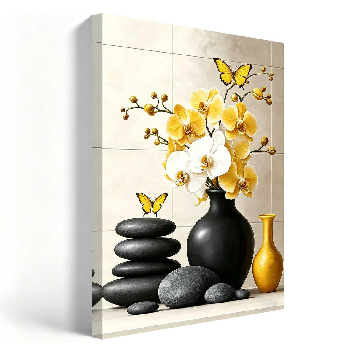 Orchid Flower Canvas Wall Art Zen Bathroom Pictures Prints Spa Stone Butterfly Wall Decor Black White Yoga Meditation Paintings for Living Room Bedroom (Yellow / 24"L x 16"W)