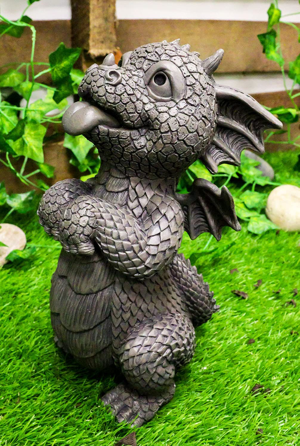 Ebros Whimsical Garden Dragon Begging for Attention Statue 10.25" H Cute Baby Dragon Panting Faux Stone Resin Finish Figurine Dungeons and Dragons Mythical Fantasy Sculpture Guest Greeter Home Decor (Panting)