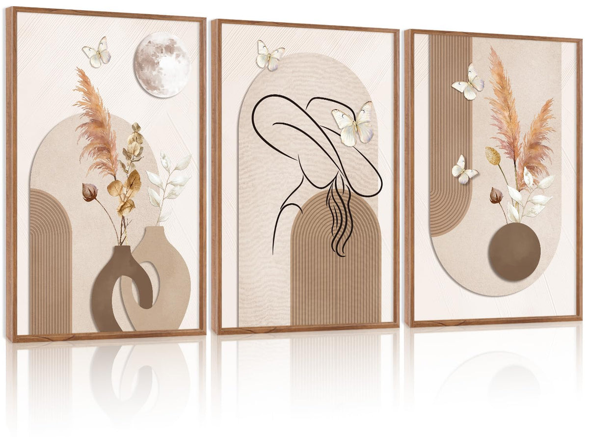 Boho Neutral Framed Wall Art Beige Minimalist Line Art Woman Artwork (Beige / 24"L x 36"W)