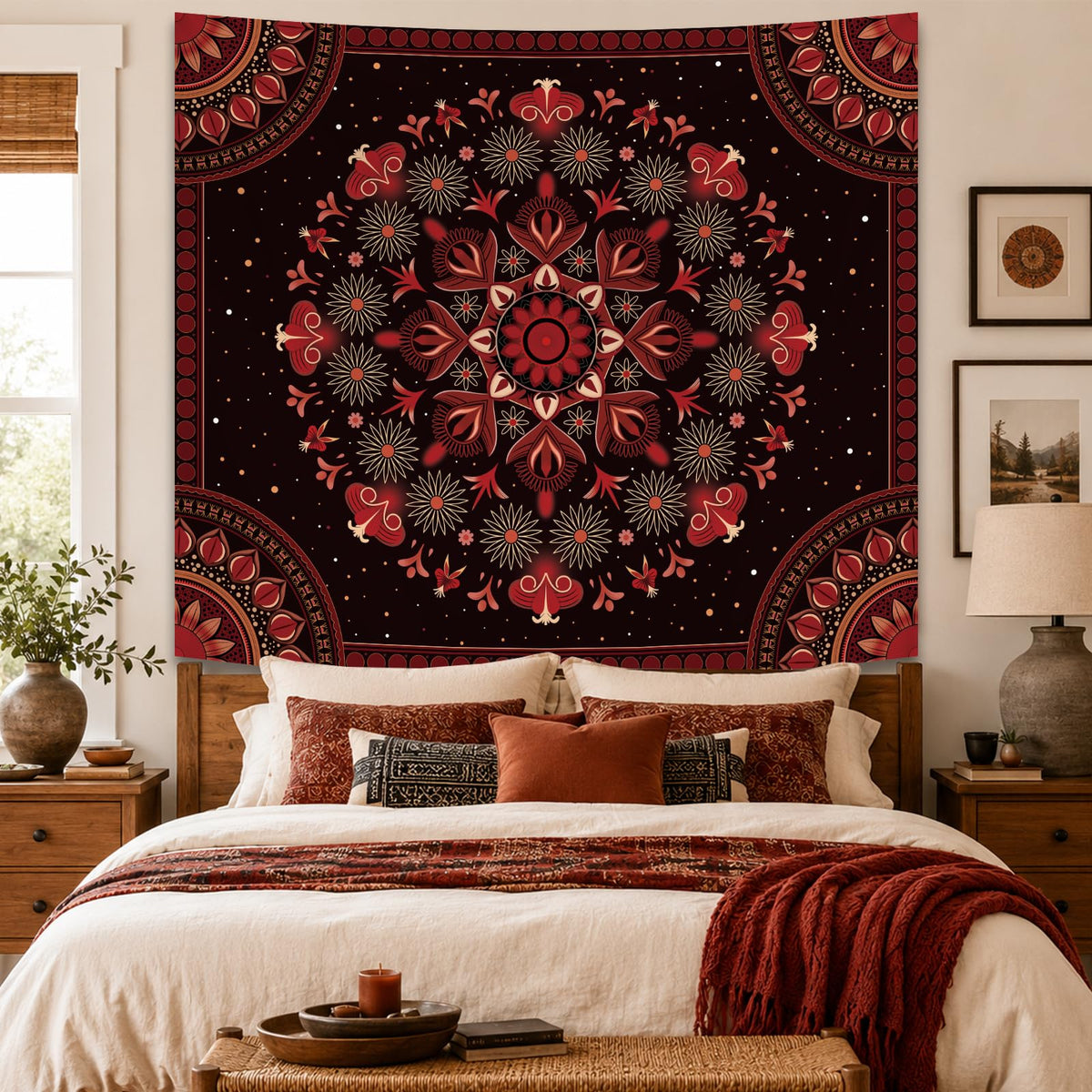 Boho Vintage Mandala Tapestry for Bedroom (A-Red Mandala Tapestry / 79"L x 60"W)