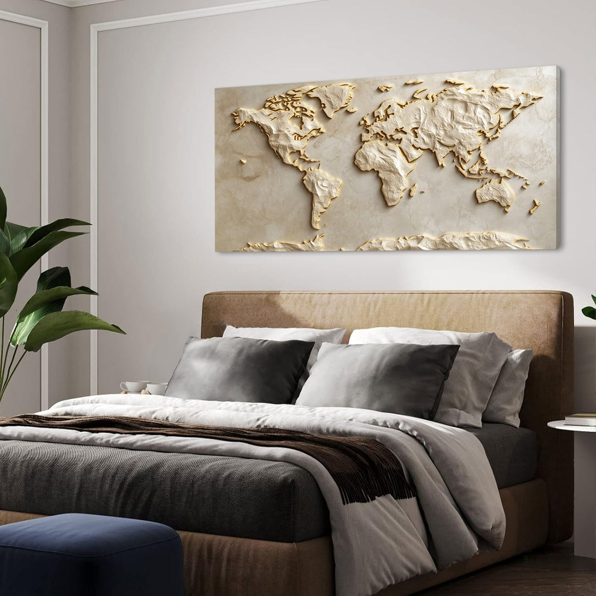 Light Gold World Map Wall Art for Living Room Office Relief (Contemporary / Light Gold World Map Wall Art / 46"L x 23"W)