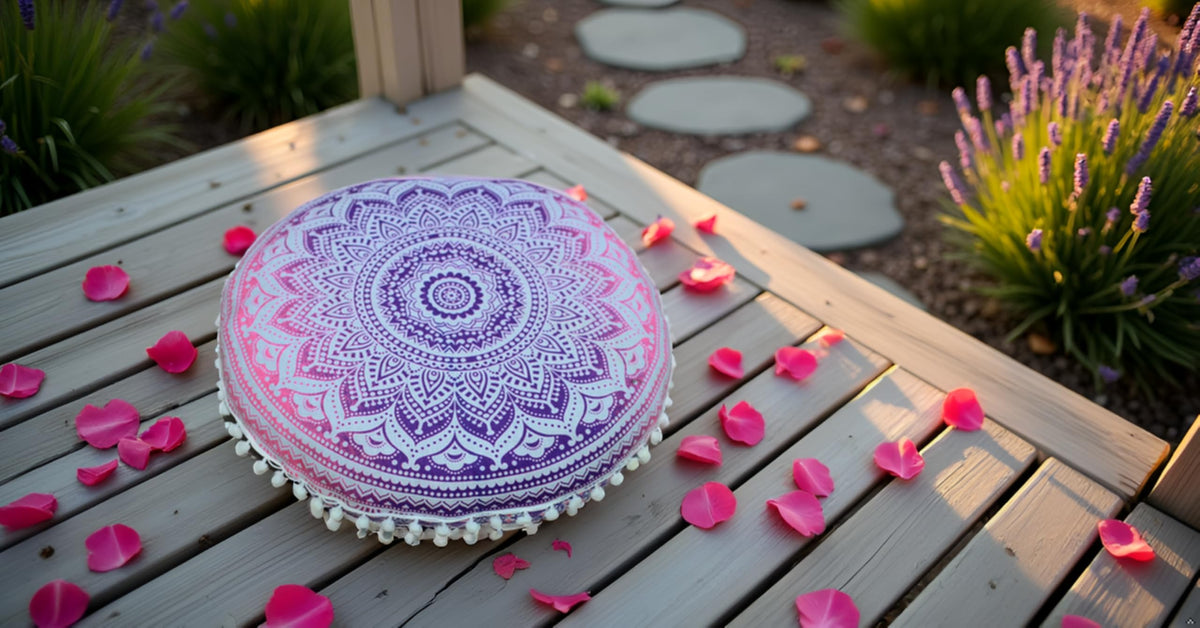 32 Inch Meditation Floor Pillows Round Pillow Cover Seating for Hippie Decorative Adults Bohemian Mandala Floor Cushion Cover Outdoor Yoga Living Room Throw Ottoman Poufs Cover (Pink Ombre)