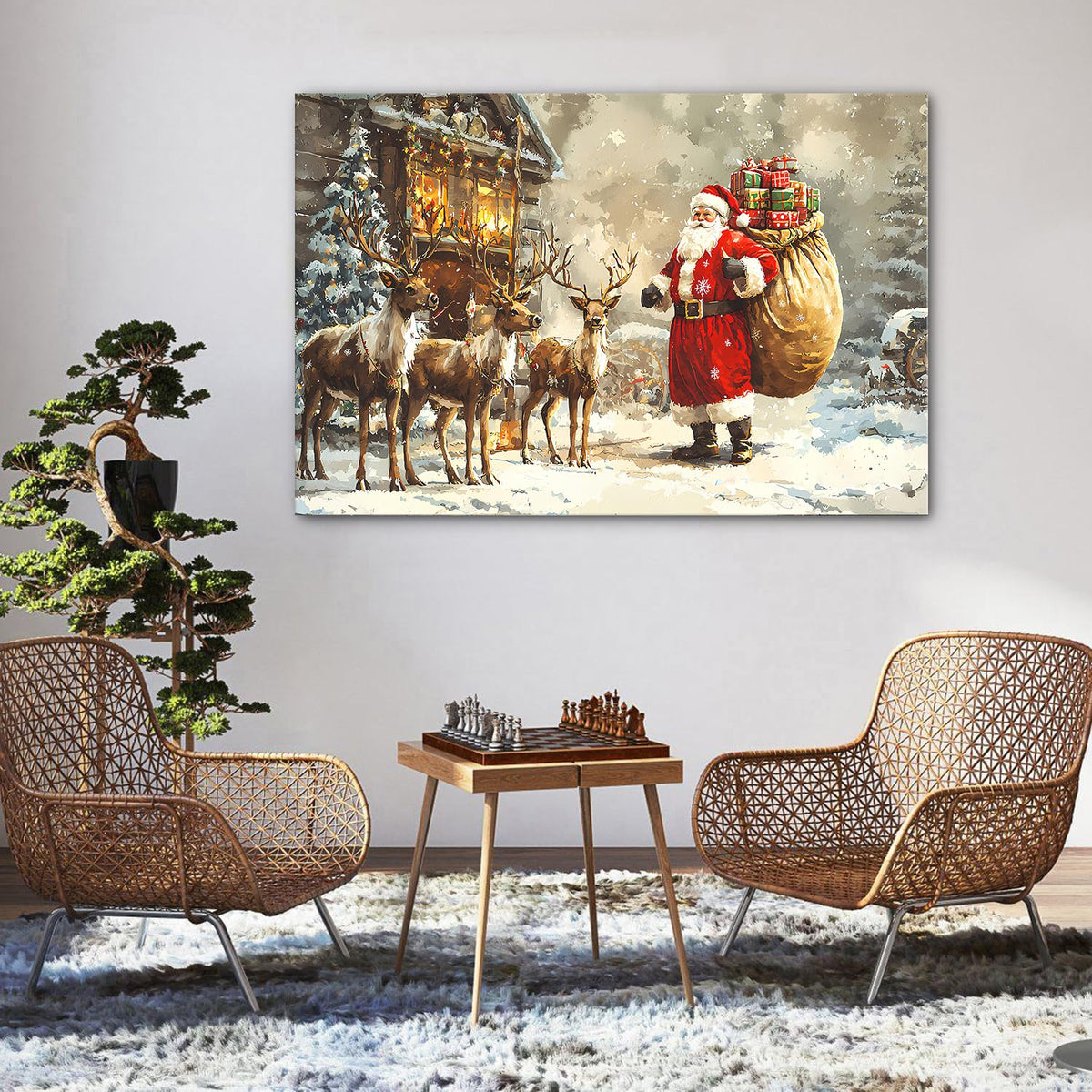 Santa and Reindeer Wall Art Christmas Wall Decor Farmhouse Deer Canvas Prints Pictures Vintage Winter Christmas Tree Landscape Painting Artwork for Kitchen Dining Room Home Decorations 32x48" (48"L x 32"W / Santa Claus)
