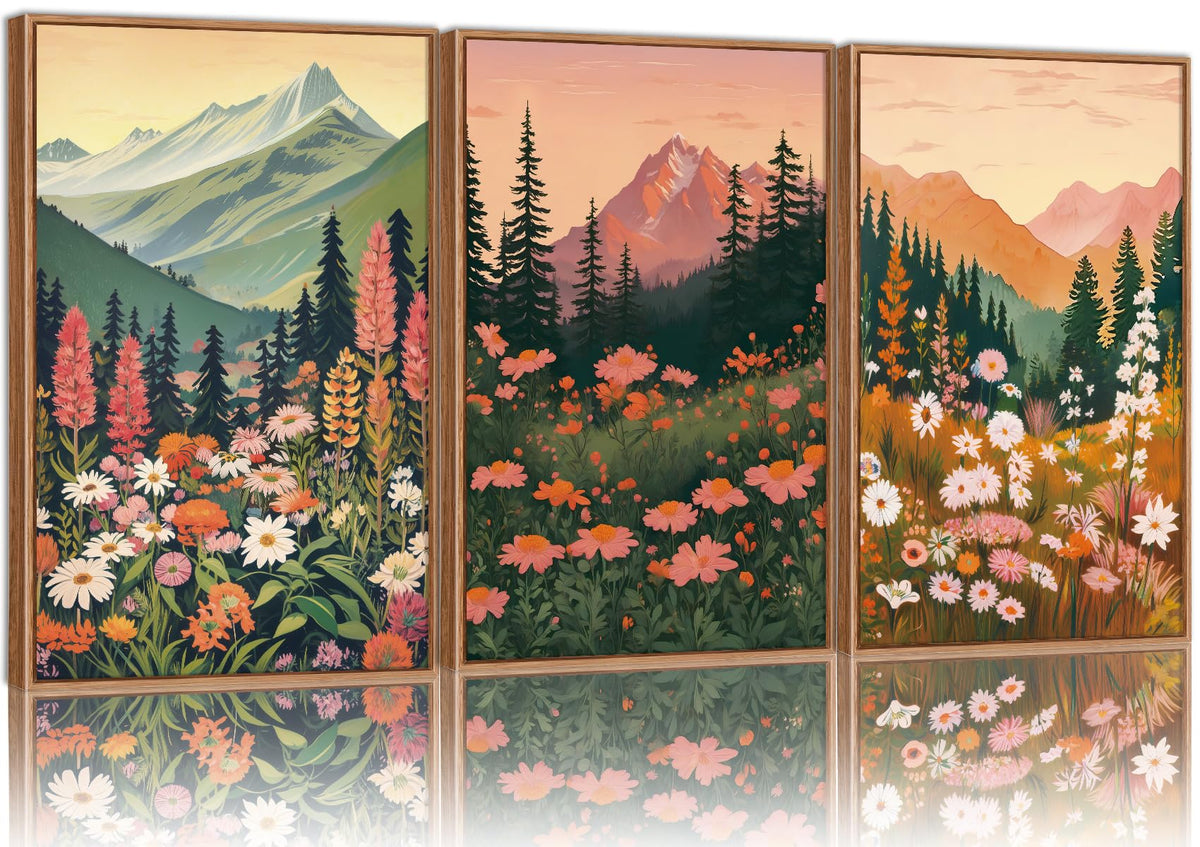 Mountain Wildflower Framed Canvas Wall Art Set (Boho Nature Flowers / 36"L x 24"W)