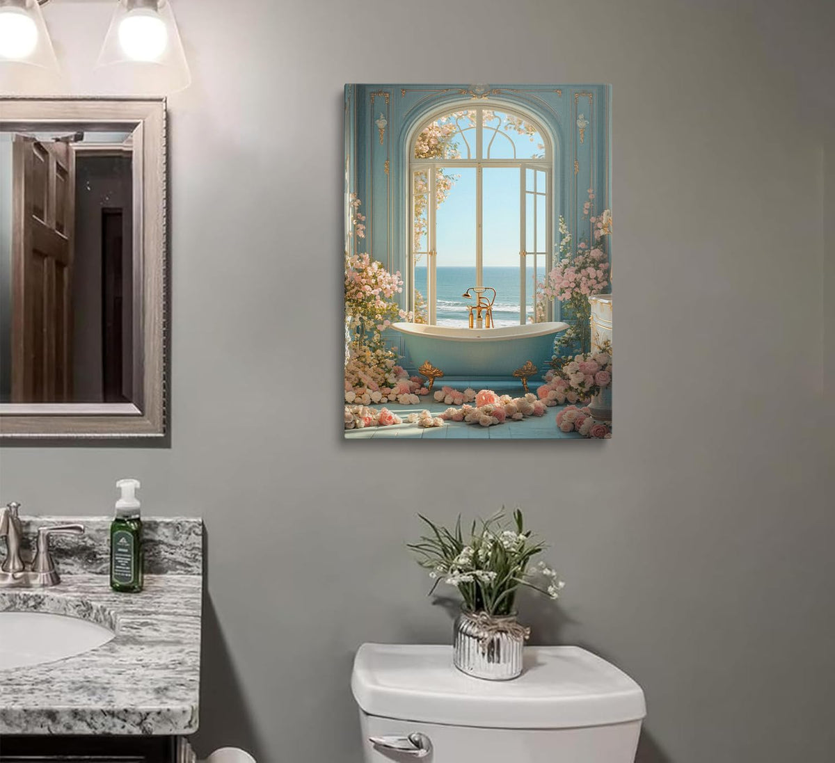 Coastal Blue Bathroom Canvas Wall Art Framed Floral Ocean Decor 16x24 Inch (Bathtub / 24"L x 16"W)