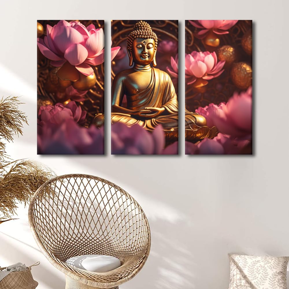 Buddha Statue Surrounded By Flowers Wall Art Decor for Entryway (60x40 in / 3PANEL-19)