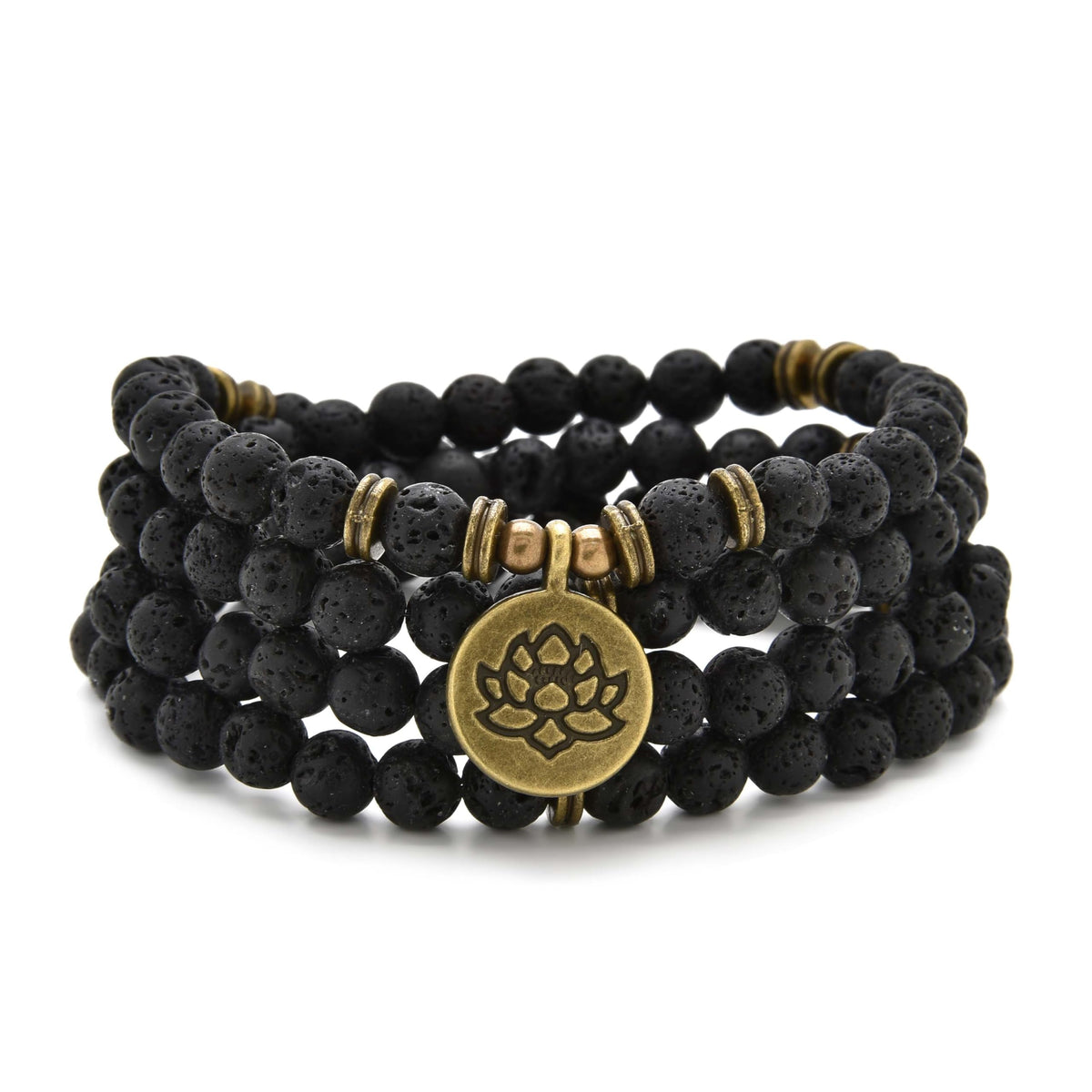 108 Healing Mala Beads Bracelet or Necklace with Gold Lotus Charm (Lava)