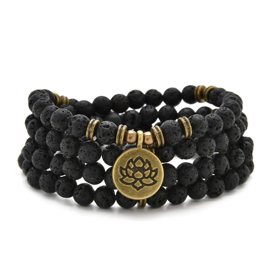 108 Healing Mala Beads Bracelet or Necklace with Gold Lotus Charm (Lava)