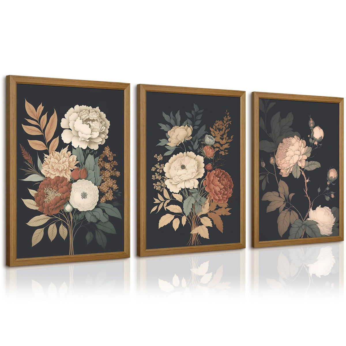 Vintage Flower Wall Art Dark Floral Canvas Wall Art Botanical Farmhouse Prints Black Flower Pictures Wall Decor Moody Floral Artwork Painting for Living Room Bedroom 16x24 Inch Wood Framed Set of 3 (Vintage Flower Prints Art / 16x24 Inch Framed)