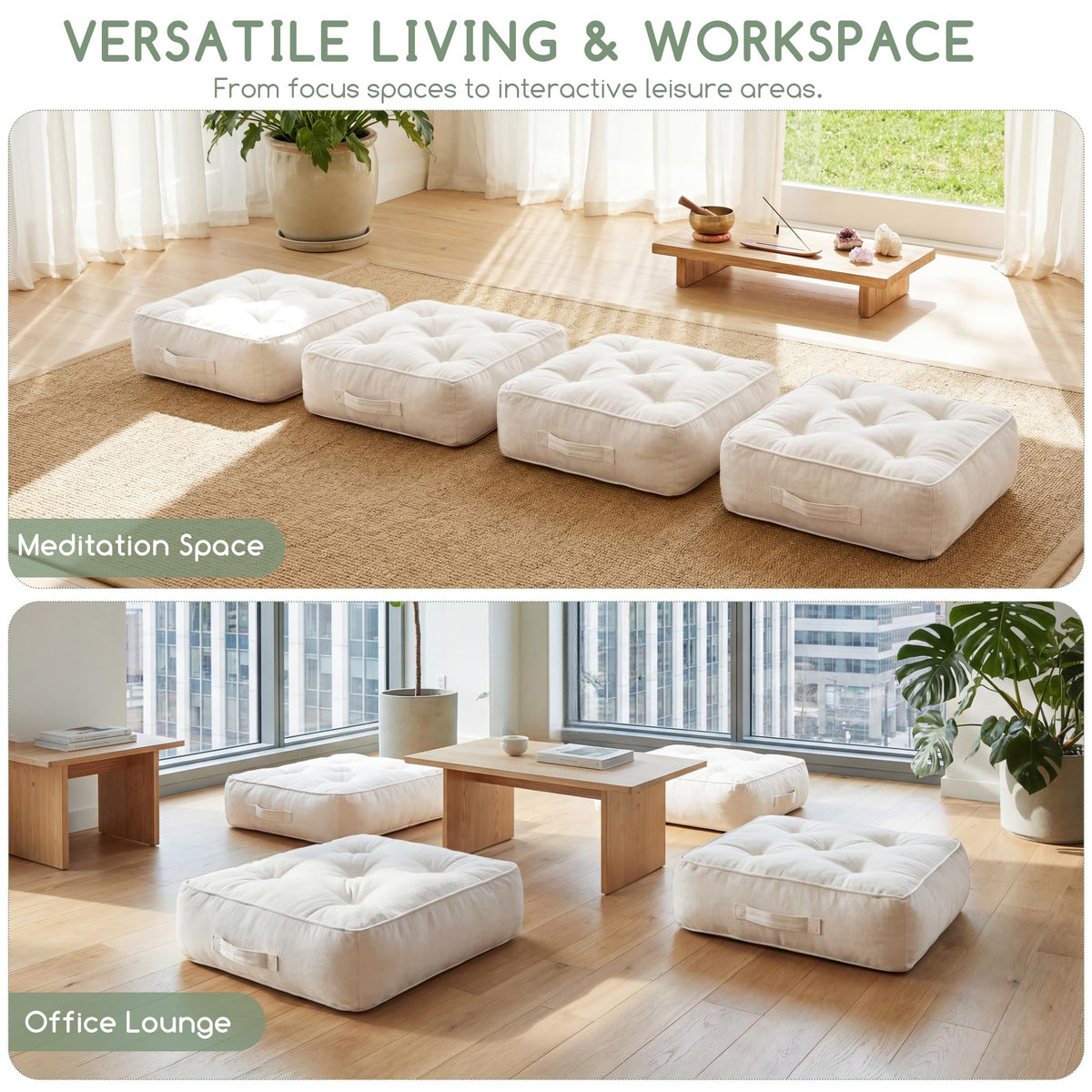 6" Extra Thick Floor Pillow Cushion for Adults (6" Thick(Pack of 2) / Square Beige)