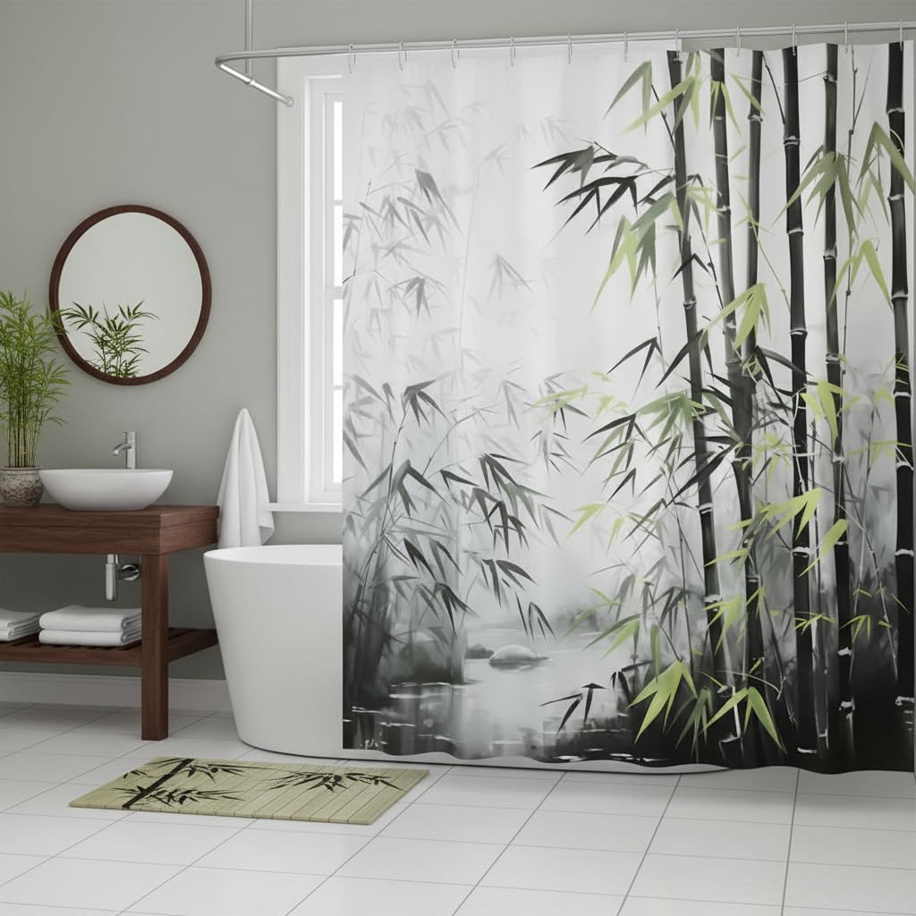 Bamboo Shower Curtain (Green Black / 70"W x 70"L (Pack of 1))