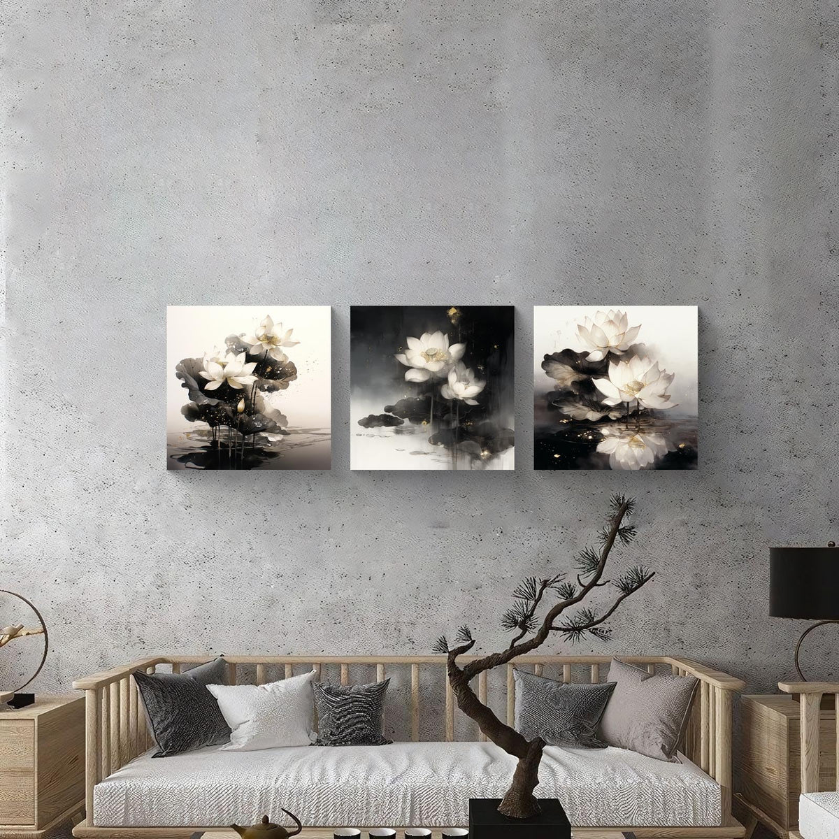 3Pcs White Lotus Flowers Canvas Wall Art Gold Leaf Ink Wash Zen Botanical Prints Modern Minimalist Floral Prints for Bedroom Bathroom Living Room Decor Nature Artwork Ready to Hang (White Lotus with Golden Accents-1 / 20x20inchx3)