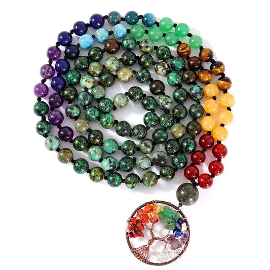 108 Mala Beads Necklace Life Tree 7 Chakra Wrap Bracelet Real Gemstone Yoga Meditation Hand Knotted Mala Prayer Bead Necklace (8mm / African Turquoise)