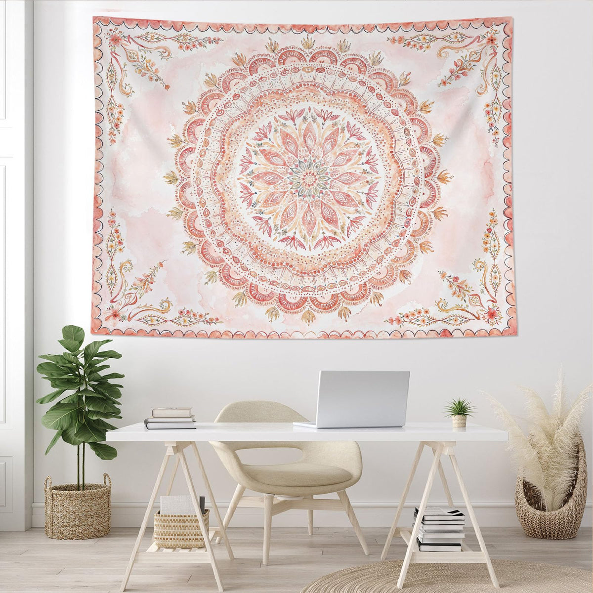 Boho Floral Mandala Tapestry Wall Hanging Pink Bohemian Flower Medallion Tapestry Aesthetic Watercolor Hippie Indian Small Tapestries for Bedroom Living Room Dorm Decor 48 x 36 Inch (Pink / 48"L x 36"W)