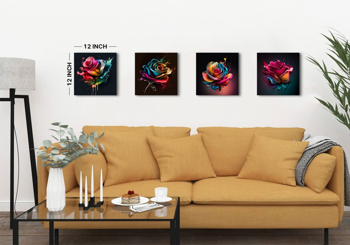 Colorful Rose Wall Art Abstract Graffiti Rainbow Flower Canvas Prints Pictures Bedroom Decor 12x12" 4 Pcs Modern Watercolor Black Background Paintings Artwork for Living Room Bathroom Home Decorations (12"L x 12"W / Colorful Rose)