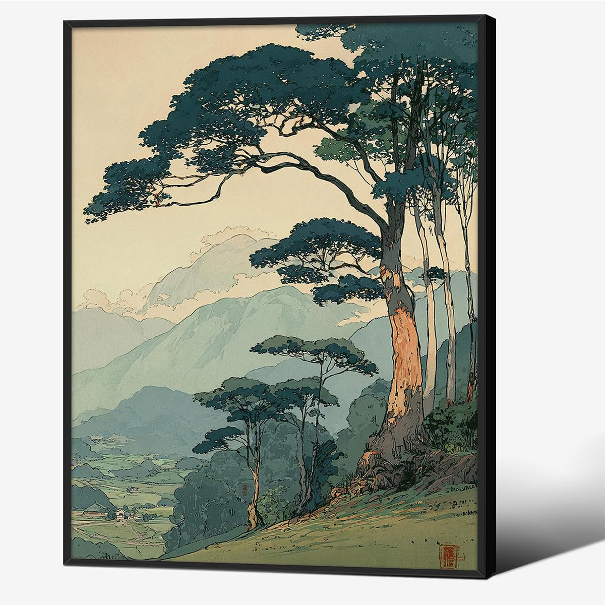 Japanese Forest Black Framed Wall Art Asian Tranquil Mountain Landscape Posters 8x10 inch Vintage Nature Tree Scene Prints Modern Ukiyo (Black Framed / Japanese Prints / 10"L x 8"W)