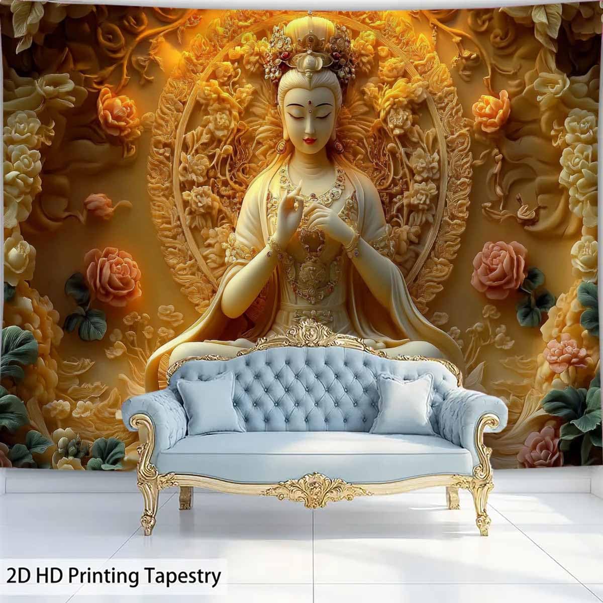 Sitting White Buddha Tapestry Wall Hanging Buddhist Statue With Flower Meditation Wall Decor Zen Art Psychedelic Indian Wall Blanket for Bedroom Living Room Home Decor (White / 59"L x 51"W)