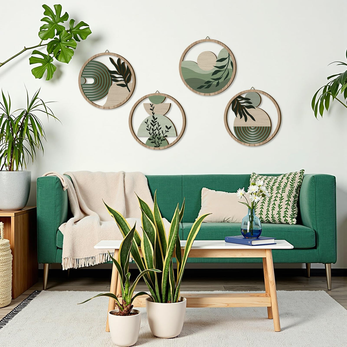 Green Botanical Wooden Wall Art Bohemian Hanging Sign Farmhouse Geometric Wall Decor (Boho Wooden Wall Art 2)