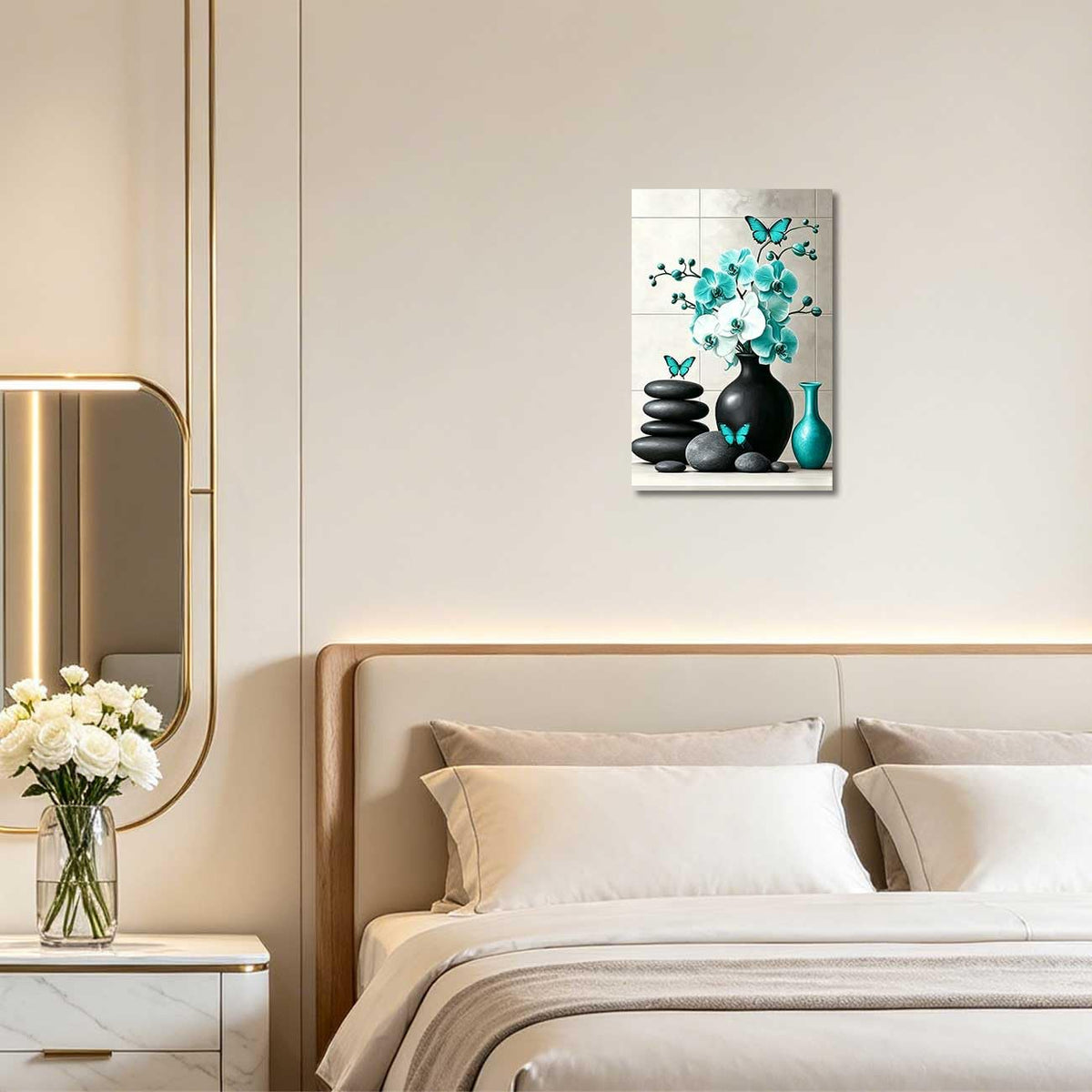 Orchid Flower Canvas Wall Art Zen Bathroom Pictures Prints Spa Stone Butterfly Wall Decor Black White Yoga Meditation Paintings for Living Room Bedroom (Teal / 18"L x 12"W)