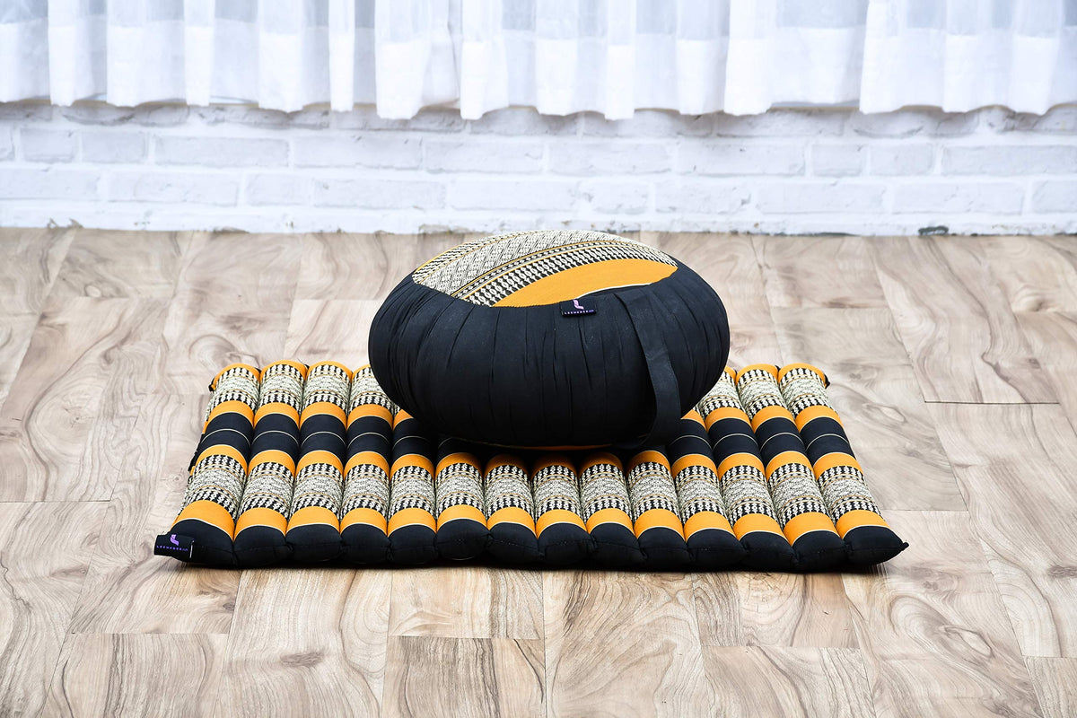Meditation Cushion Zafu & Zabuton Set 28 x 28 inches Kapok Zazen (Sf03 - Black, Orange)