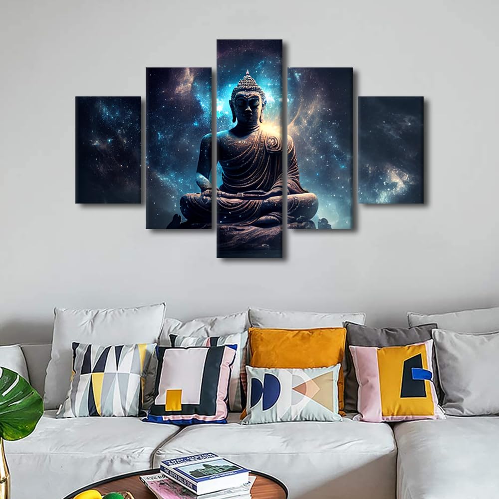 5 Panel Buddha Wall Art Modern Buddha Lotus Poster Decor Sacred and Spiritual Buddha Sculpture Picture Printing for Buddhist Believers Living Room Decor Stretched and Framed Ready to Hang 60x40 in (60x40 in / 5PANEL-14)
