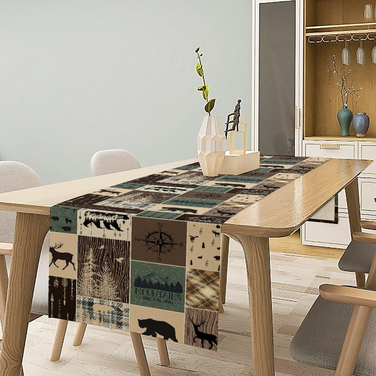 Country Rustic Farmhouse Deer Table Runner Tabletop Cover Vintage Cabin Bear Mountain Hunting Wild Animal Plaid Checkered Printed for Kitchen Dining Room 13x72 Inch (13x72inch / Retrobear-2)