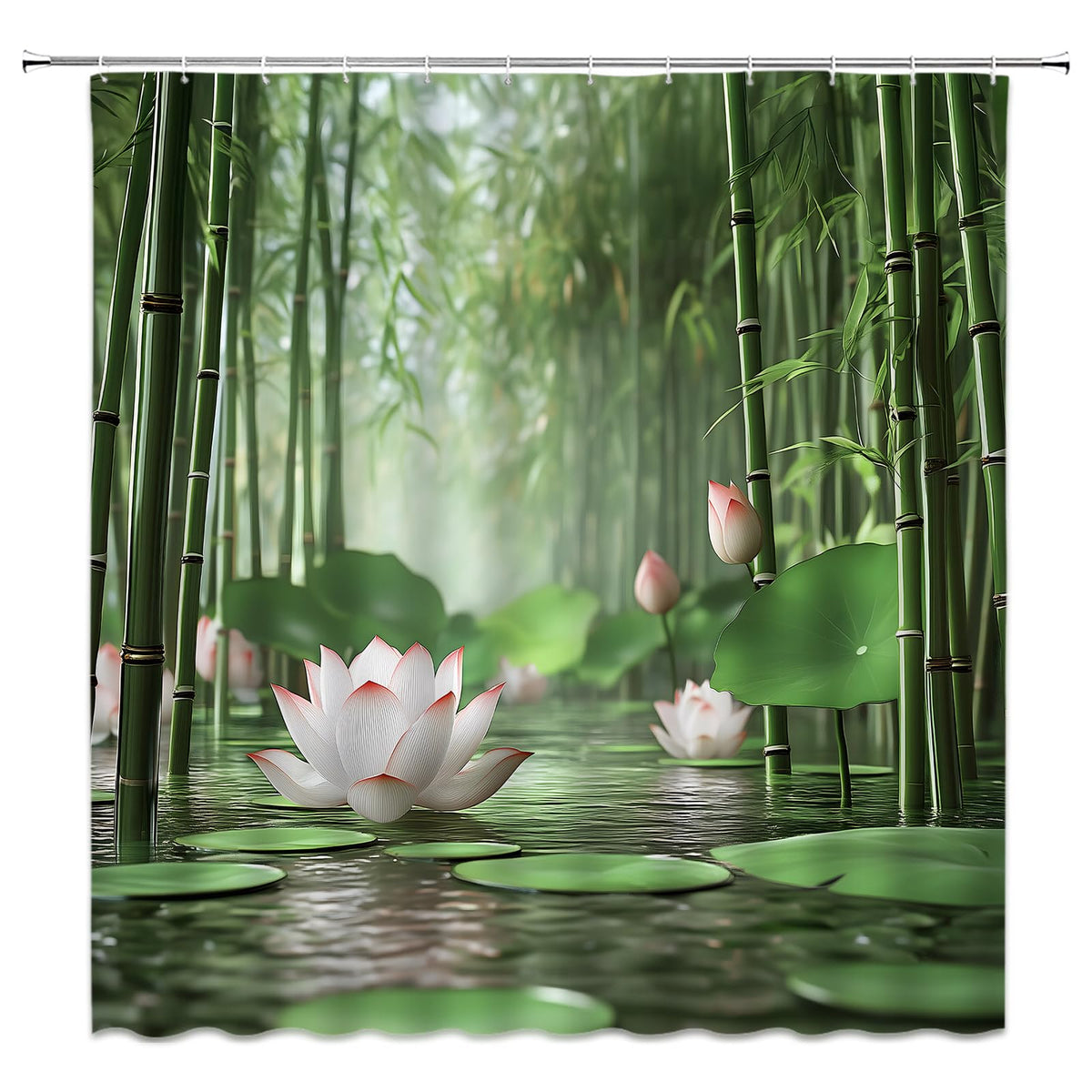 Zen Bamboo Forest Shower Curtain Lotus Asian Oriental Pond Relax (Green / 70"W x 70"L (Pack of 1))