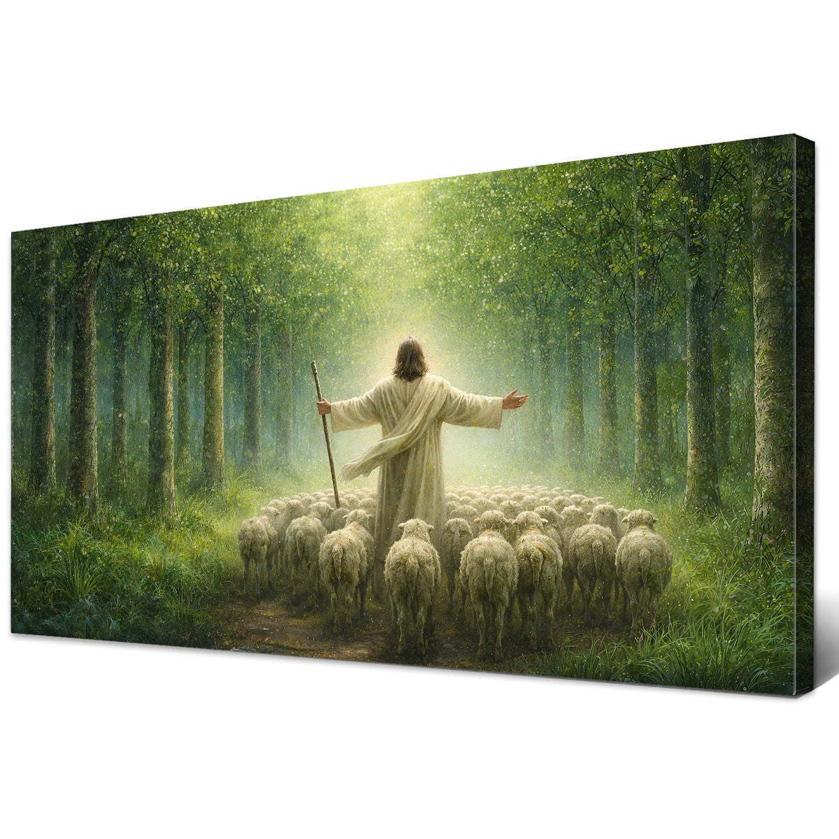 Jesus Leaves the 99 Sheep Wall Art for Living Room Kitchen Decorations Jesus and Lamb Painting Wall Decor Christian Picture Canvas Prints Spiritual Sunset Forest Landscape Poster Home Artwork 24x48” (48"L x 24"W / Jesus Forest)