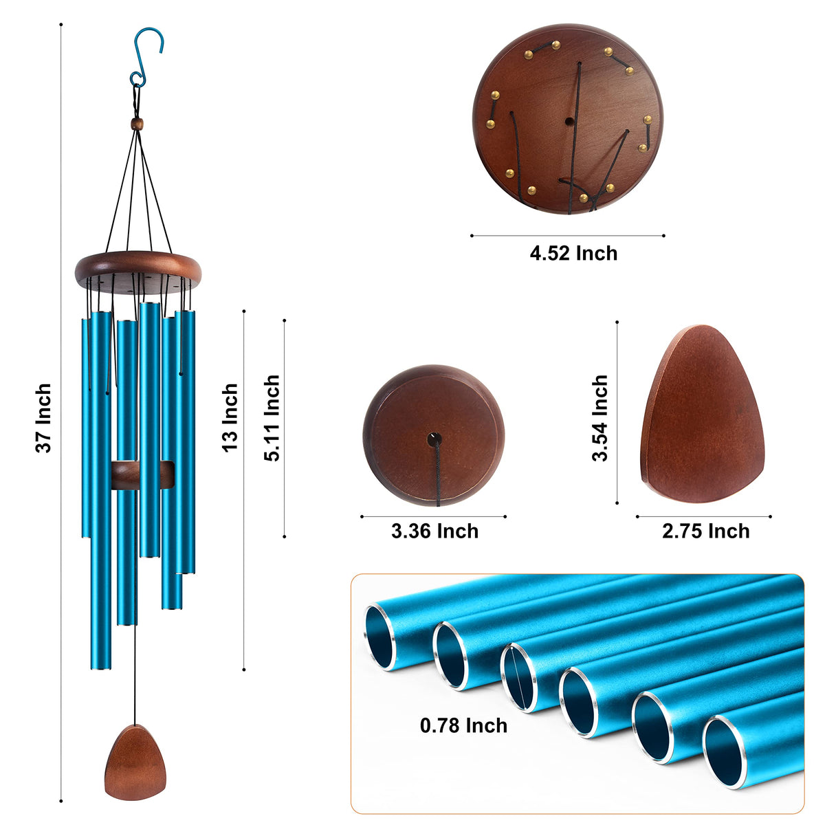 37" Aluminum Wind Chimes for Outside (Blue / Classic 37")