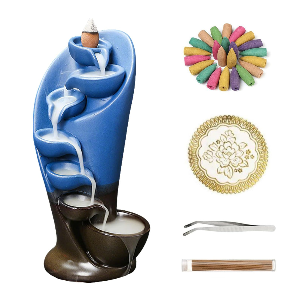 Backflow Incense Burner Holder Handmade Statue Decor Fountain Waterfall Incense Holder with 20 Backflow Incense Cones 30 Incense Sticks 1 Tweezer 1 Mat for Indoor Meditation Yoga (Navy Blue)