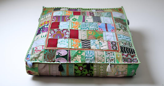 Indian Square Patchwork Traditional Pouf Cover Indian Living Room Poufs Decorative Embroidered Designer Ottoman Home Footstool Chair Cover Decor Pillow Cover 35 inches (35"D x 35"W x 5"H / Light Green)