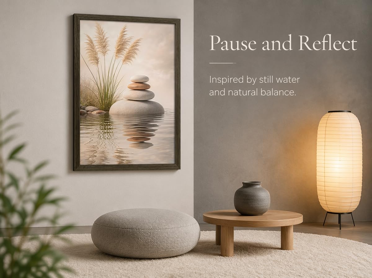 Wood Framed Zen Wall Art Stacked Balance Stones Botanical Canvas Print Zen Room Wall Decor for Spa Bathroom Yoga Studio Living Room Bedroom Office Study 16x24 Inch (Zen Stone / 24"L x 16"W)