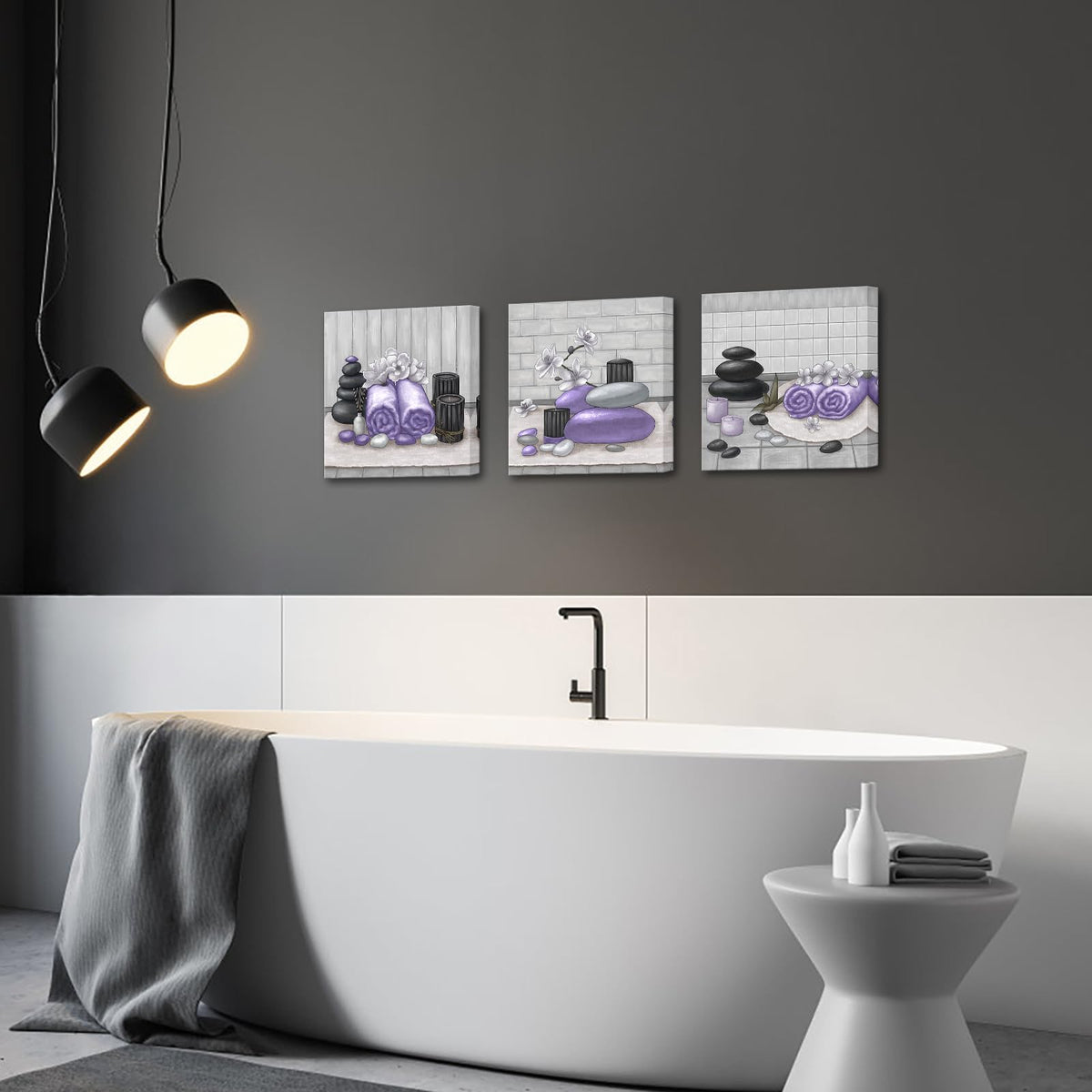 Spa Canvas Wall Art Purple Bathroom Decor Lavender and Grey Zen Stone Orchid Picture Painting Still Life Prints for Bathroom Zen Meditation Room Framed 12"x12" for Each (purple)