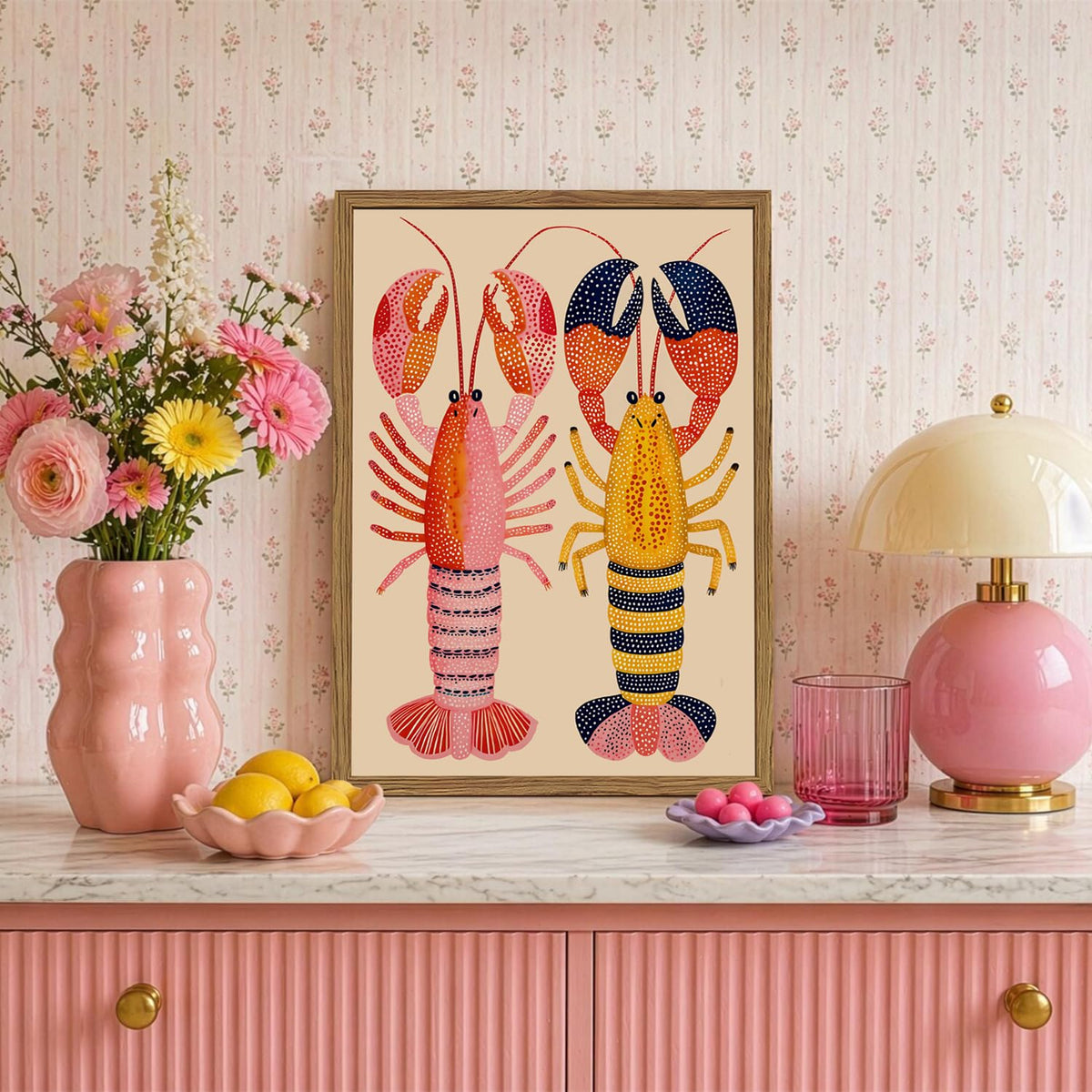 Coastal Lobster Wall Art Colorful Boho Kitchen Wall Decor Picture Seafood Animal Poster Canvas Painting Print for Living Dining Room 12x16 inch Wood Framed (Animal-G / 16"L x 12"W)
