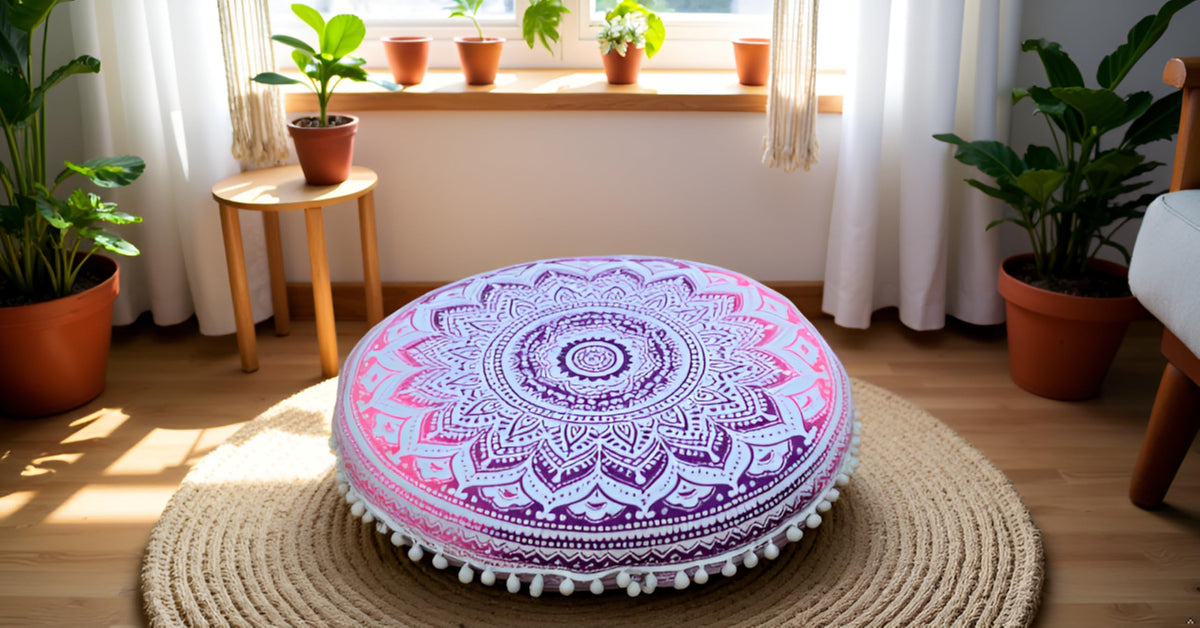 32 Inch Meditation Floor Pillows Round Pillow Cover Seating for Hippie Decorative Adults Bohemian Mandala Floor Cushion Cover Outdoor Yoga Living Room Throw Ottoman Poufs Cover (Pink Ombre)