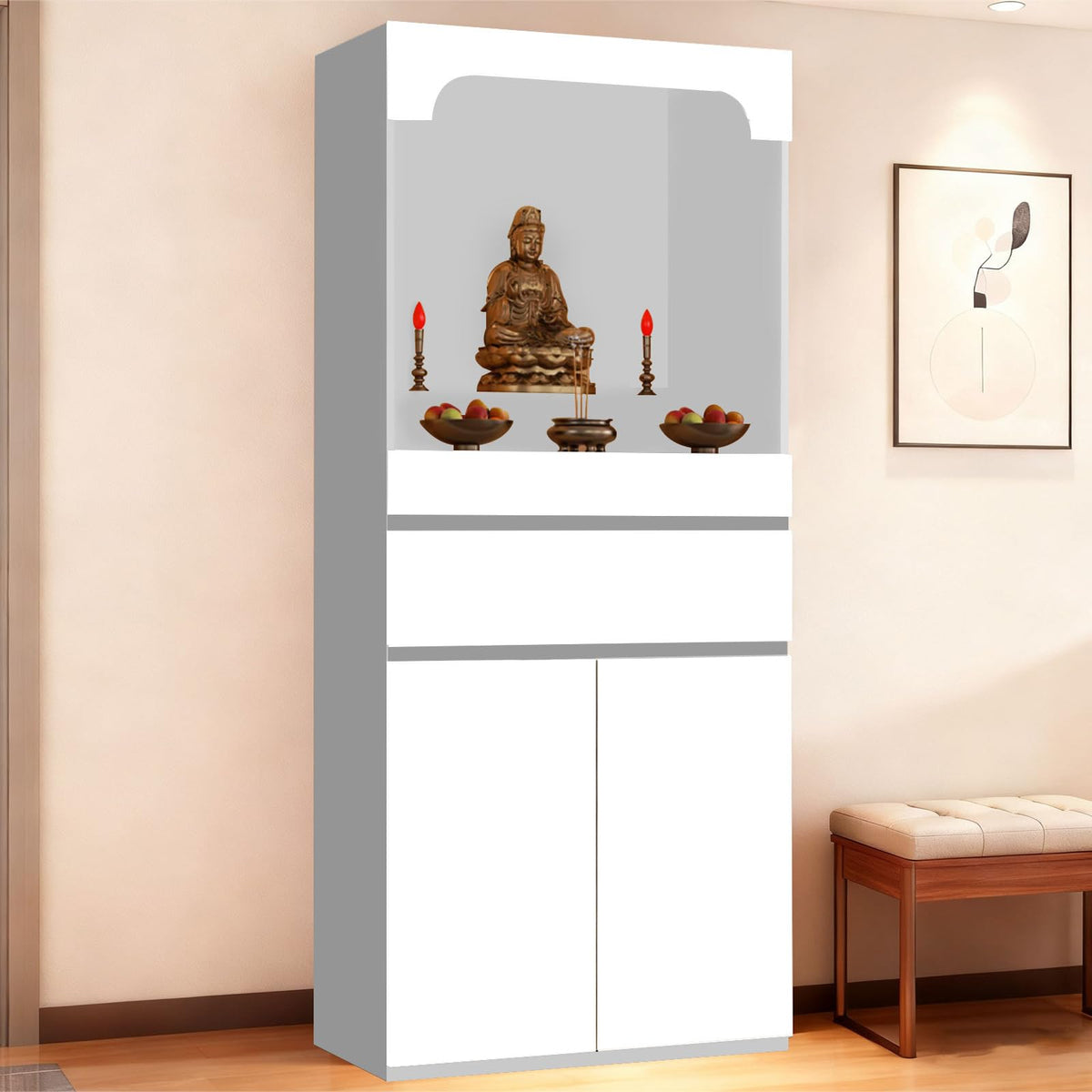 Altar Table Pooja Cabinet with Drawers and Storage Cabinets (15.7×15.7×65.4in / Gray + White)