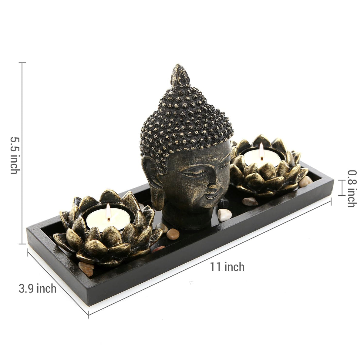 Resin Buddha Head Zen Garden Set with Lotus Tealight Holders & Tray (Black)