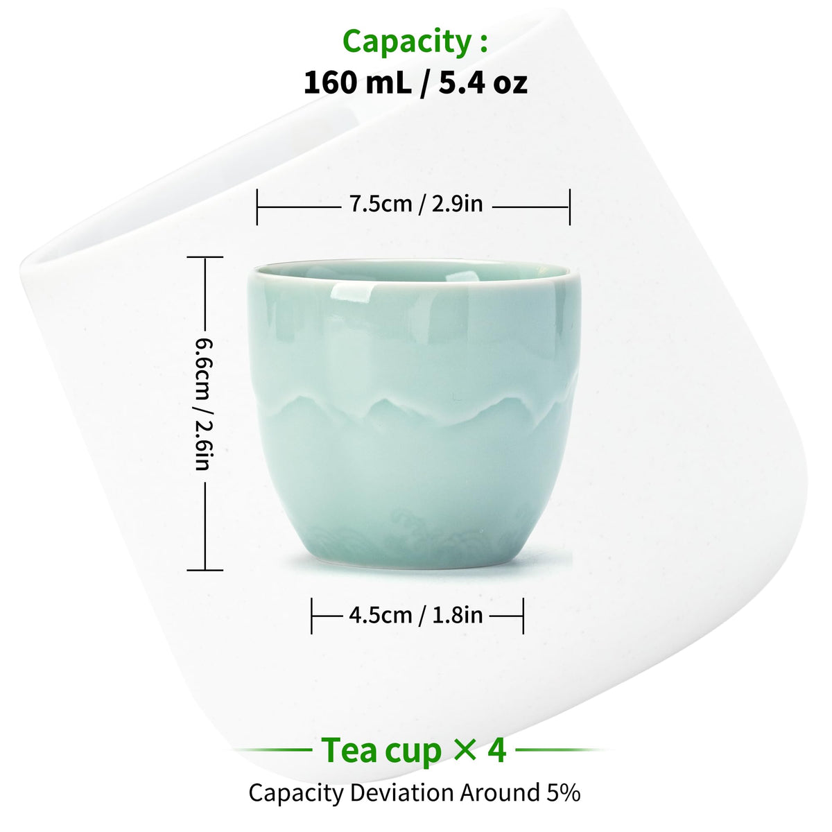 Ceramic Japanese Tea Cups Set of 4pcs (Celedon Blue / 5.4 fl oz (4-Count))