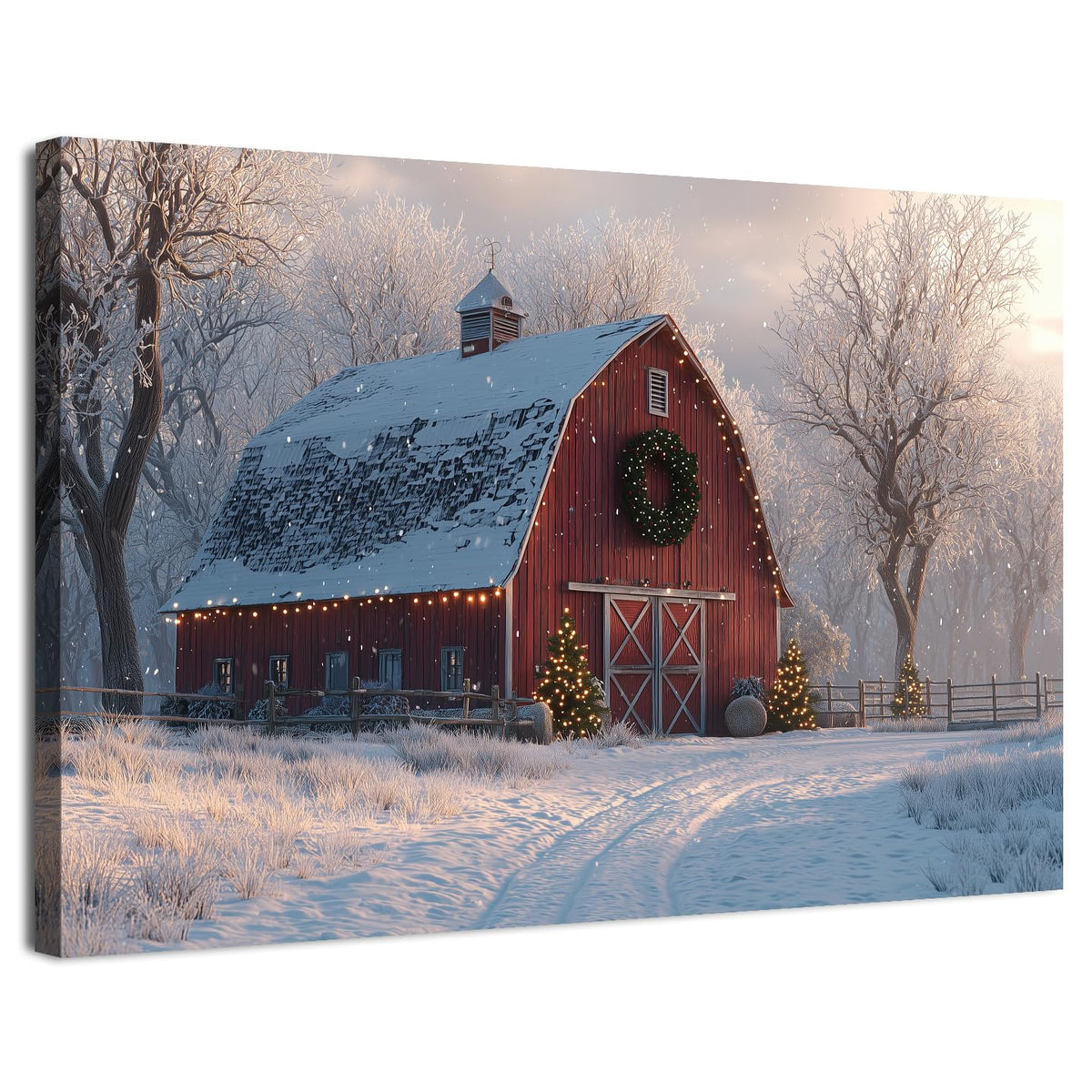 Christmas Barn Wall Art Vintage Farmhouse Canvas Wall Decor Christmas Tree Poster Prints Rustic Winter Snowy Scenic Pictures Country Painting Artwork for Living Room Bedroom Home Decorations 32x48" (48"L x 32"W / Xmas Barn)