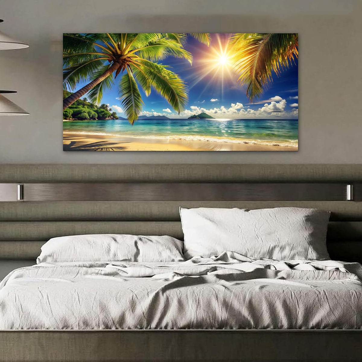 Large Pictures for Living Room Coastal Painting Tropical Sunrise Bearoom Wall Art Beach Poster Ocean Room Decor Palm Tree Canvas Print Summer Sunlight Artwork Framed Office Decor Home (AbePal / 60"L x 30"W)