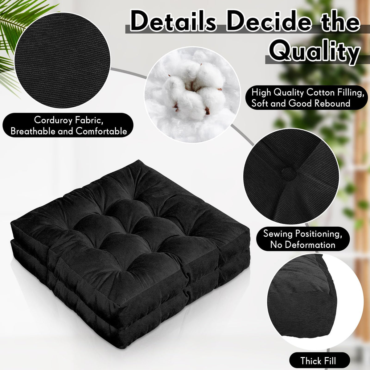 4 Pcs Black Large Floor Pillow Cushion (Square 22 x 22 / Black)