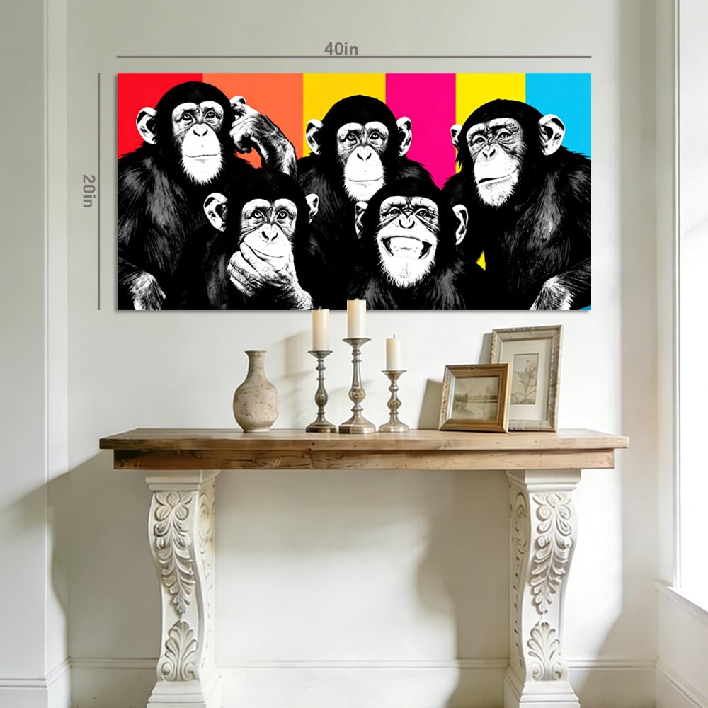 Colorful Pop Art Monkey Canvas Wall Art Funny Chimpanzee Animal Painting Print Gallery Wrapped Humorous Street Art Artwork for Living Room Bathroom Bedroom Decor (Wildlife / Black Monkeys 2 / 46"L x 23"W)